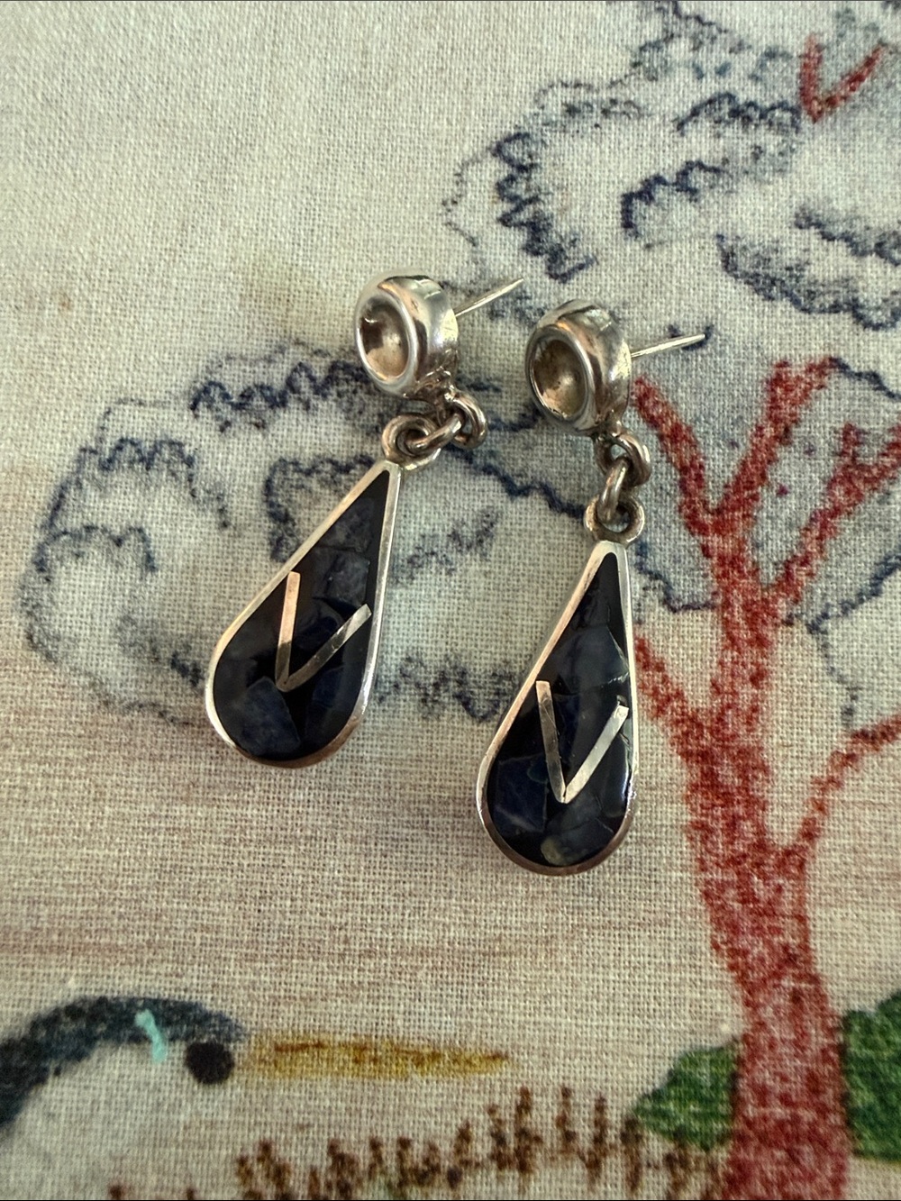 Vintage Taxco Mexico 950 Fine Silver Inlay Dangle Earrings TS-105 Modernist